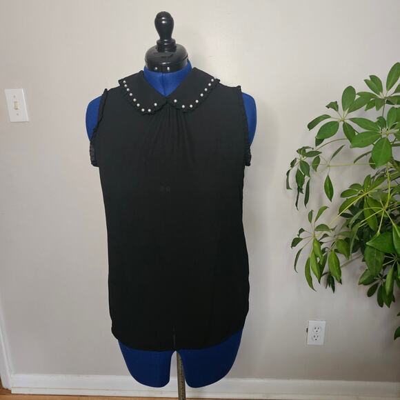 Elle Black Chiffon Shear Sleveless Blouse with Peral Emb Collar Size M - Picture 1 of 4